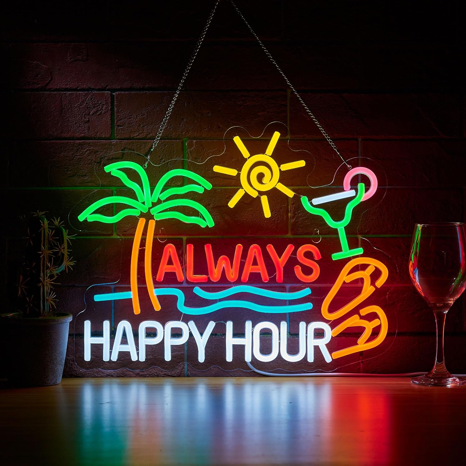 Beer & Wine Grab - Letreiro Neon 'Always Happy Hour' para